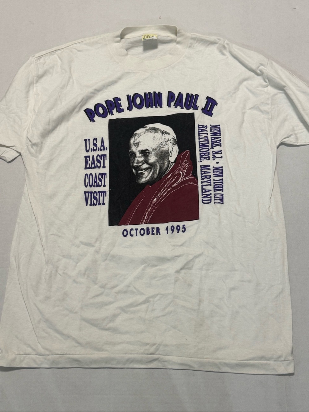 Vintage 1995 Pope John Paul II Graphic Tee USA East Coast Visit White XL